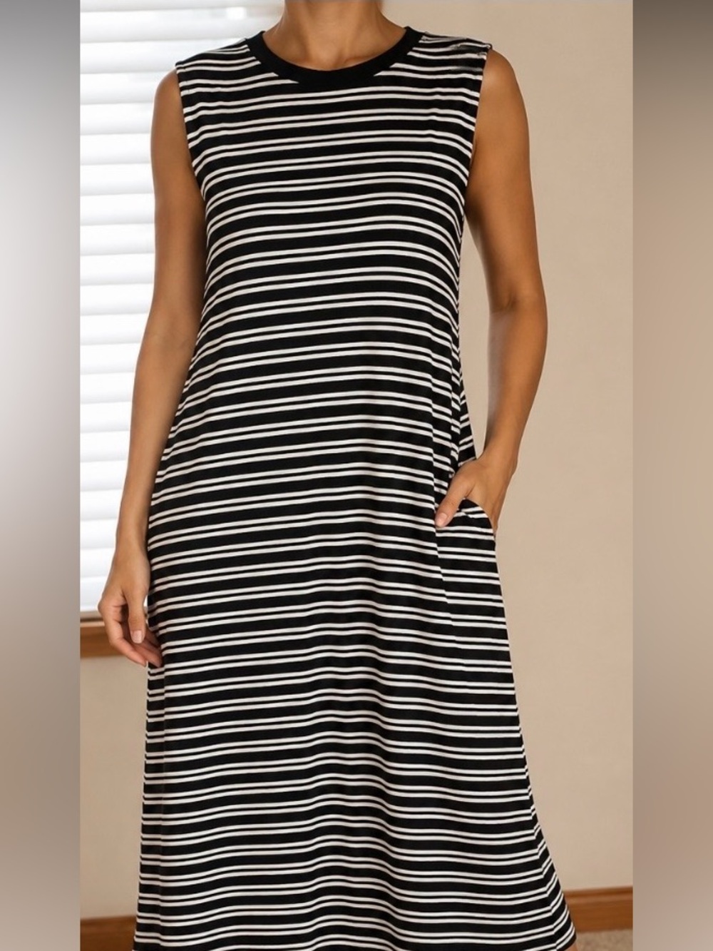 Time and Tru Black and White Striped Midi Dress